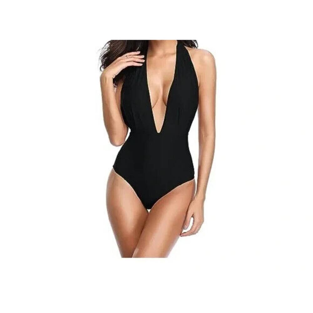 Shekini Black Retro Deep V-Neck Backless High Waisted One Piece Swimsuit Size M